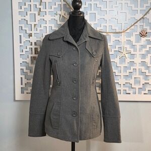 Kirra Womens Gray Wool Blend Button Front Pea Coat Jacket Small